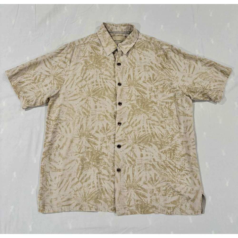Island Republic Mens XL Silk Tropical Palm Print Button Down Shirt Tan Vintage